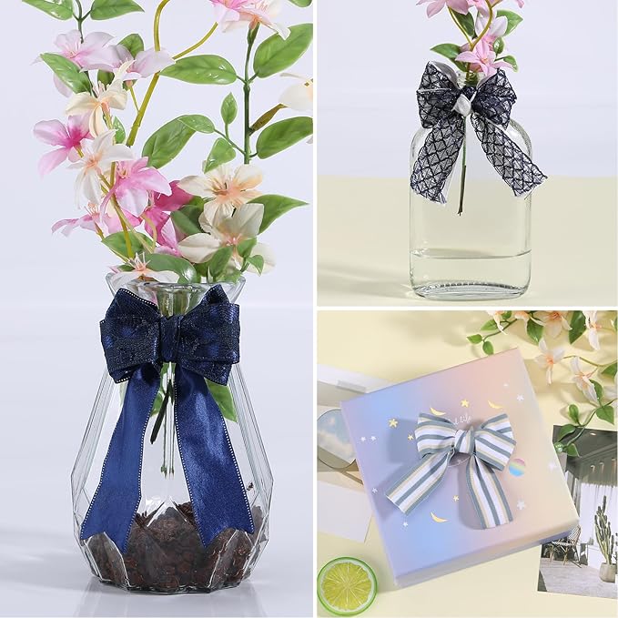 BEEFLYING 3 Styles Blue Wire Edged Ribbons for Gift Wrapping, 25~28mm×2.7m Satin Ribbons Stripe Ribbons for Wedding Party Decoration Hair Bows Flower Designs Sewing and Craft, 9 Yards