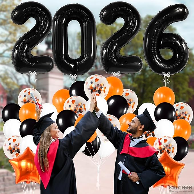 Graduation Decorations 2026 | Black 2026 Balloons Set, Giant 40 Inch - Pack of 34 | Orange and Black Graduation Balloons 2026 | Grad Decorations 2026 Kit, Graduation Decorations Class of 2026, KatchOn