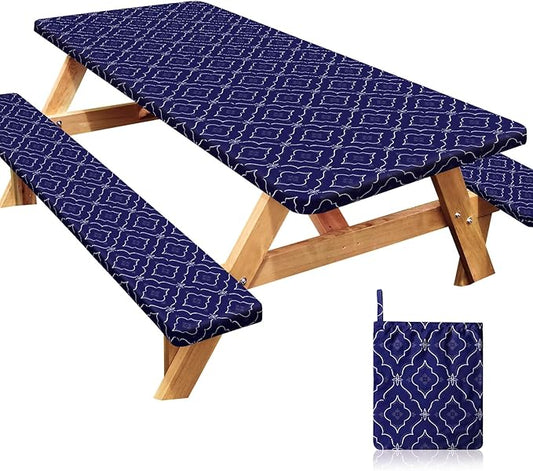 Picnic Table Cover with Bench Covers Windproof Waterproof Picnic Table Covers Camping Tablecloth with Self-Storage Bag, 72in, Dark Blue