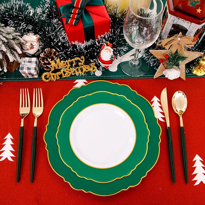 WDF 30Guest Green Plates Disposable - Gold Plastic Silverware With Green Handle - Baroque Green &Gold Plastic Dinnerware for Wedding/Birthday/Party