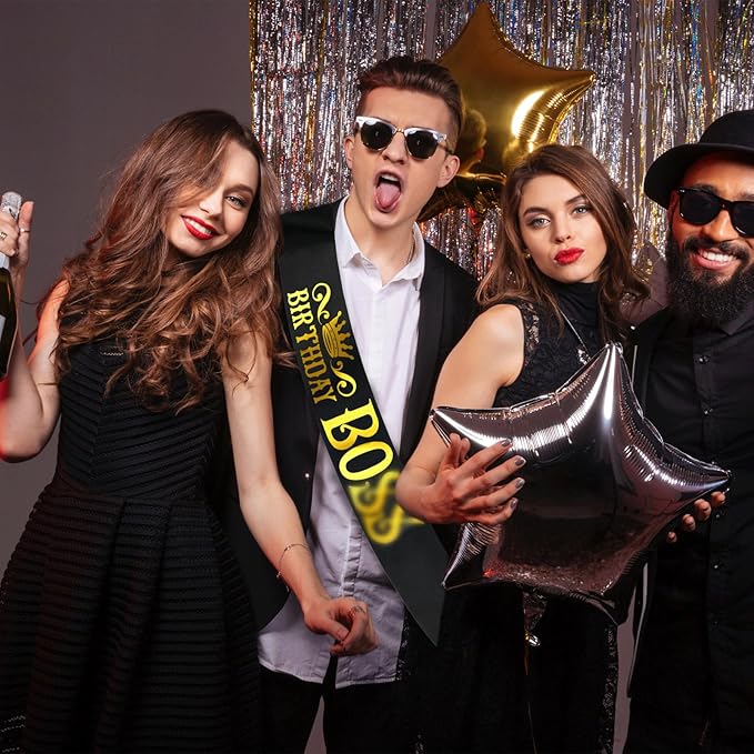 Mens Birthday Sash with Gold Foil, Black Funny Birthday Sash for Men 30th 40th 50th 60th 70th 80th Bday Party Decorations Ideas, Gifts, Jokes and Favors (Black + Gold)