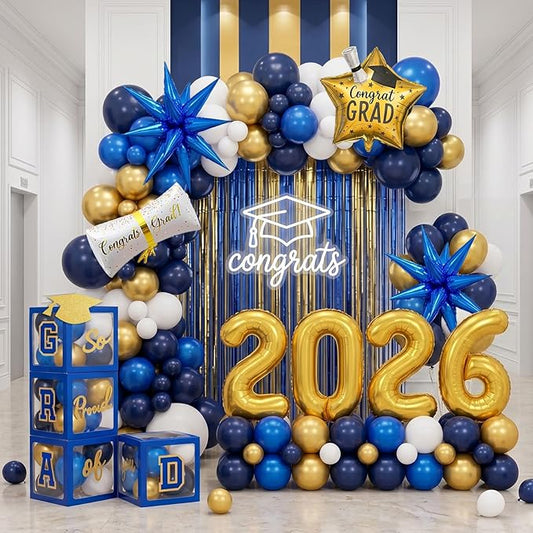 Blue and gold Graduation Decorations 2026 Set of 4 GRAD Balloon Boxes with Balloon Arch Garland Kit mylar balloons and shimmer Fringe Curtains So Proud of You 2026 prom Graduation Decorations