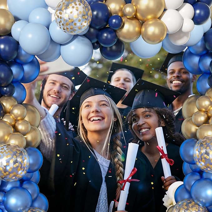 Ouddy Life 156Pcs Navy Blue and Gold Balloon Garland Arch Kit, Royal Blue White Metallic Gold Confetti Mixed Sizes Balloons for Baby Shower Wedding Birthday Anniversary Graduation Party Decorations