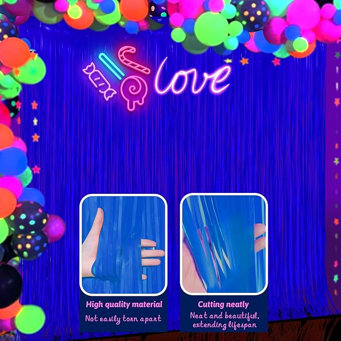 Glow in The Dark Party Supplies 2 Pack Neon Party Decorations Fluorescent Tinsel Foil Fringe Curtains Photo Booth Prop Backdrop Streamer Blacklight Decorations (Neon Blue)