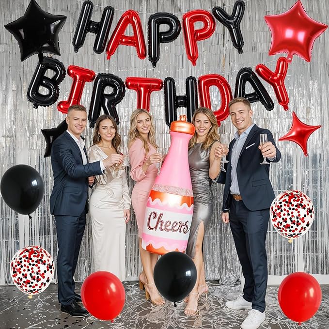 Happy Birthday Balloon Banner Red and Black, 16 Inch Mylar Foil Letter Balloons, Reusable Birthday Decorations with Black Red Balloons, Inflatable Party Supplies for Men Women Boys Girls Decoration