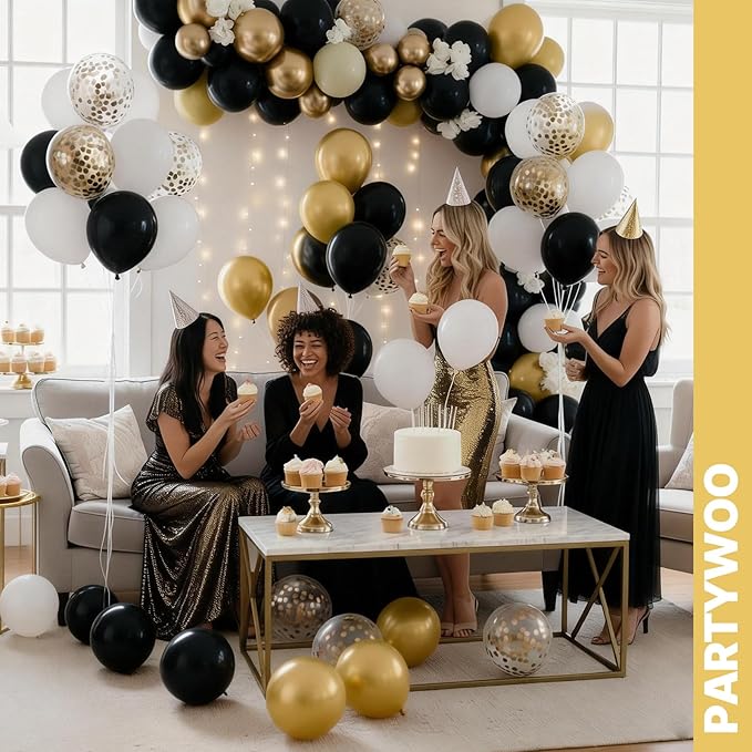 PartyWoo Black and Gold Balloons 66pcs 12 Inch Matte Black White Metallic Chrome Gold Confetti Balloons for Graduation Baby Shower Birthday New Year's Eve Anniversary Bachelorette Party Decorations