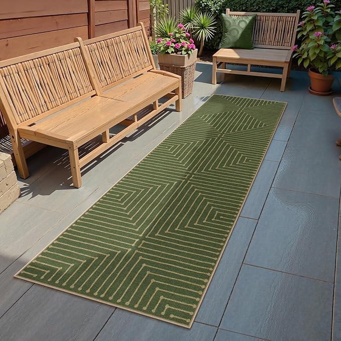 Lahome Neutral Geometric Green Runner Rug for Hallway, 2x8 Washable Kitchen Entryway Runner, Farmhouse Rhombus Low Pile Non Shedding Indoor Outdoor Carpet for Laundry Room