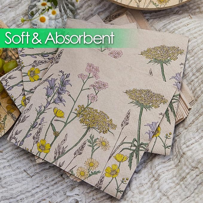 Table Kind 100 x Soft Recycled Floral Napkins Wildflower Soft Paper Napkins Pretty Wild Flower Serviettes for Spring Eco Friendly, Everyday & Compostable Weddings, Tea Party, Birthday Natural Kraft
