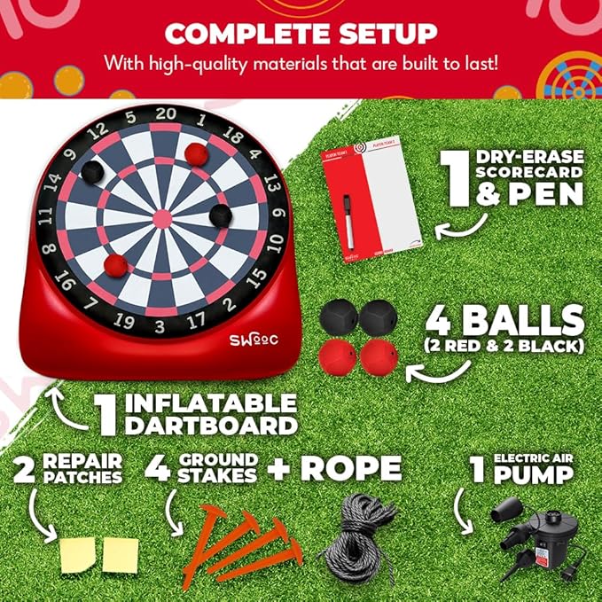 Swooc Games - Premium Inflatable Giant Kick Darts (15+ Ways to Play) - Jumbo Soccer Dartboard with Air Pump - Big Carnival Games - Giant Outdoor Games - Oversized Dart Board Yard & Lawn Game
