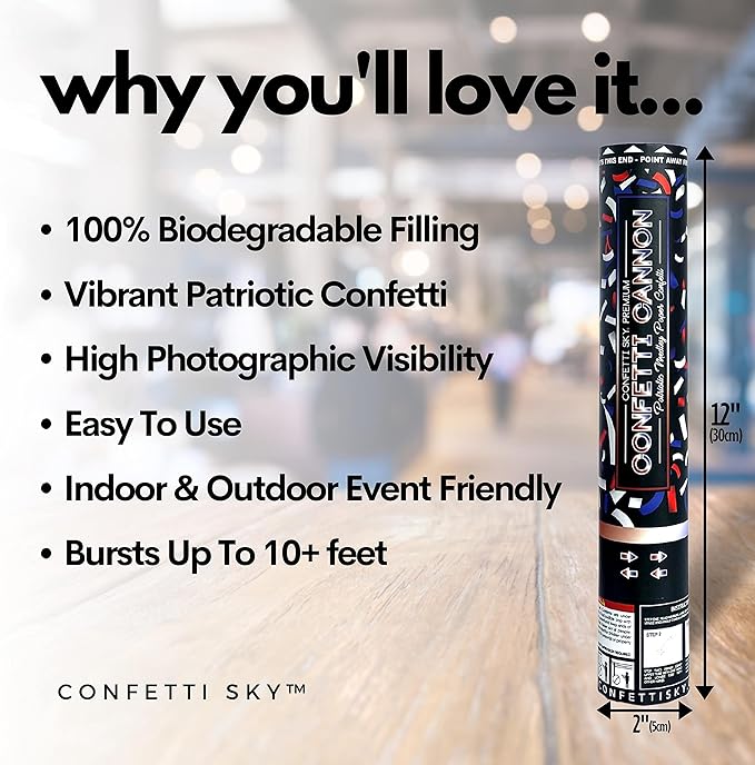 Confetti Sky [6 Pack] 12 Inch Confetti Cannons | Confetti Poppers for America 250, July 4 parade, Wedding Celebration, Birthday Party, Pranks, (red,white,blue)