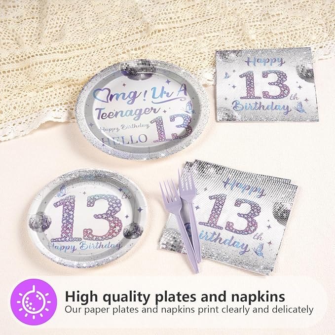 Grencian 96Pcs 13th Birthday Decorations for Girls Silver Disco Iridescent 13th Birthday Plates and Napkins Disposable Paper Tableware for Girls 13 Year Old Party Supplies, Serves 24