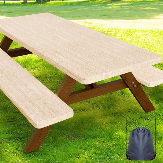 Smiry Picnic Table Cover with Bench Covers, Waterproof Elastic Fitted Tablecloth for 8 Foot Tables, Washable Polyester Tablecloths for Camping, Indoor & Outdoor (Ivory, 30x96 Inch 3-pc Set)