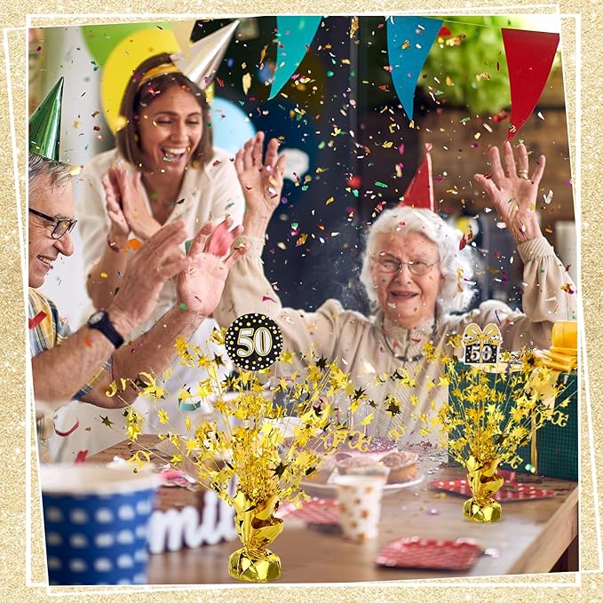 Soaoo 6 Pcs 50th Birthday Spray Centerpiece Gold Metallic Glitter Foil for Party Table Centerpiece with Different Cards N'burst for 50th Birthday Party Decoration