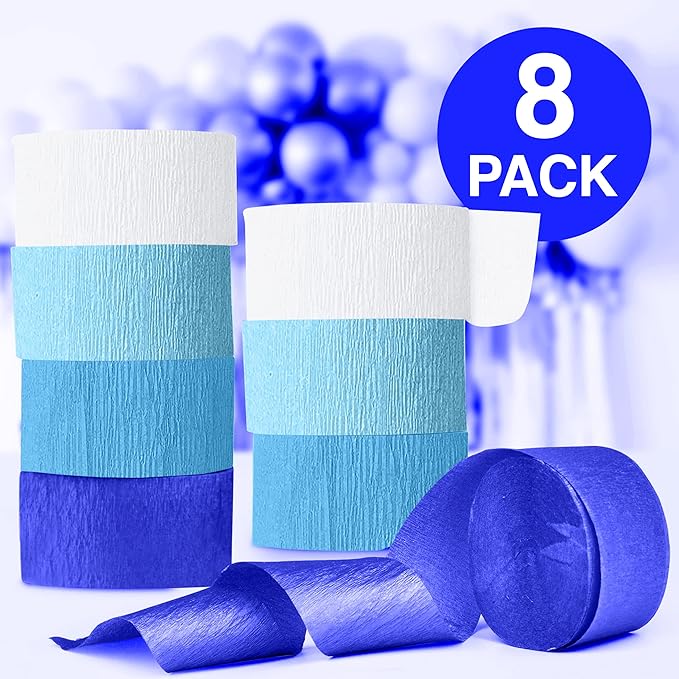 Blue Crepe Paper Streamers, Blue Party Decorations - 8 Large Rolls, 2in x 120ft Each Roll - Decorative Creped Roll for Birthday, Festival, Wedding, Backdrop or Photo Booth Decoration and Flower Making
