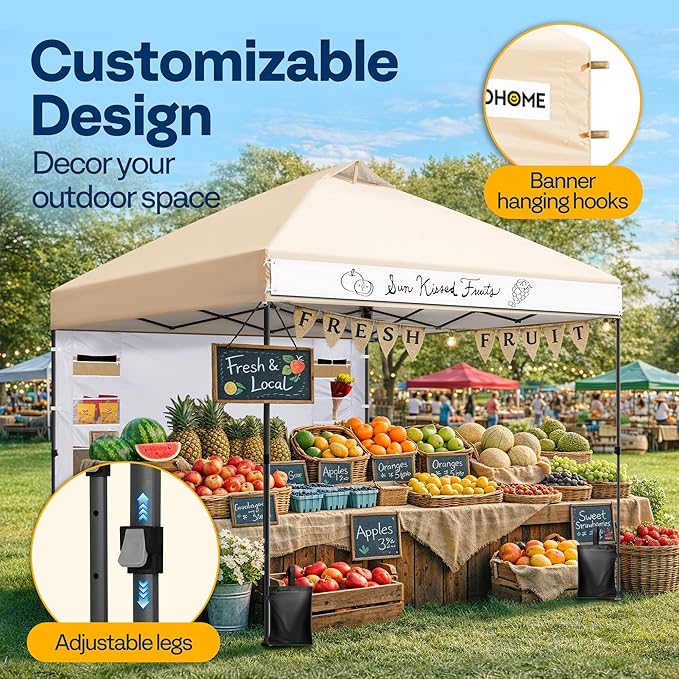 VIVOHOME 10x10ft Pop Up Canopy Tent with Sidewall and 6 Pockets, One Push Setup Outdoor Portable Shelter Tent Heavy Duty with Wheel Carry Bag and 4 Sandbags, Beige