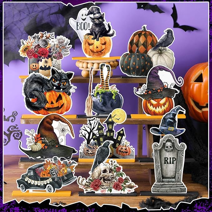 Marsui 12 pcs Halloween Wooden Decor Table Centerpieces Decorations for Home Spooky Halloween Pumpkin Ghost Black Cat Wooden Sign Wood Blocks Sign Home Decoration Tiered Tray Decor for Kitchen Shelf
