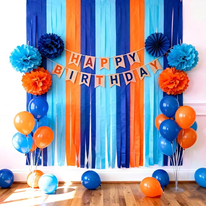 Blue and Orange Crepe Paper Streamers 8 Rolls 32ft, Blue Orange Dog Paw Party Supplies Birthday Baby Shower Decorations