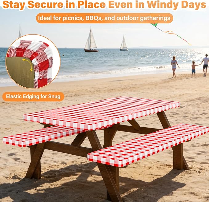 HappyTrends Fitted Picnic Table Cover with Bench Covers - 6FT Dual Layer Waterproof Camping Tablecloth with Windproof Elastic Edging & Bag, Washable RV Camping Accessories (96x30in, Red Checkered)