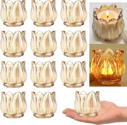 GOLDEAL 12Pcs Gold Votive Candle Holders, Thick Glass Tea Light Candle Holder Bulk, Tealight Candle Jars for Wedding Table Decor, Party Supplies, Bridal Shower Decorations, Centerpieces for Tables