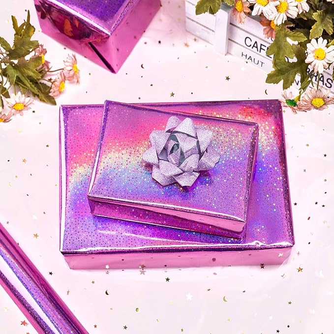 Burymento Pink Wrapping Paper Roll, Metallic Holographic Star Gift Wrap for Birthday, Valentines, Mothers day, Graduation, Wedding, Fathers day, Baby Shower, Christmas (17 IN x 16.4 FT)