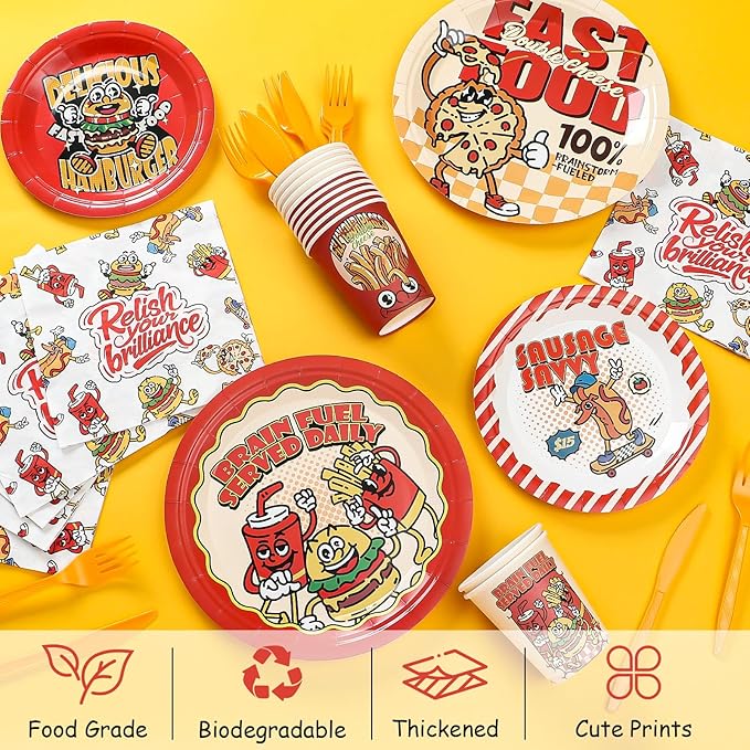 144Pcs Food Birthday Party Supplies Decorations Hamburger Fried Chicken Fries Themed Paper Plates Napkins Vintage Party Tableware Disposable Dinnerware for Boy Kid Birthday Table Decor, Serve 24