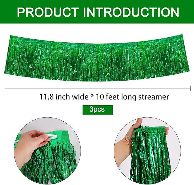BEISHIDA 3 Packs Metallic Foil Fringe Garland Laser Green Wall Hanging Tinsel Fringe Banners for Car Floats Bridal Shower Wedding Birthday Easter Graduation Holiday Party Decoration(30 Feet)