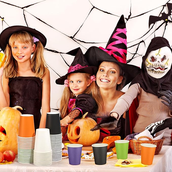 URATOT 60 Pieces Halloween Party Cups 9 Ounce Disposable Paper Cups Black and Orange Drinking Cup Cold Hot Drink Table Decor Supplies for Halloween Party, DIY, and Holiday, 5 Colors