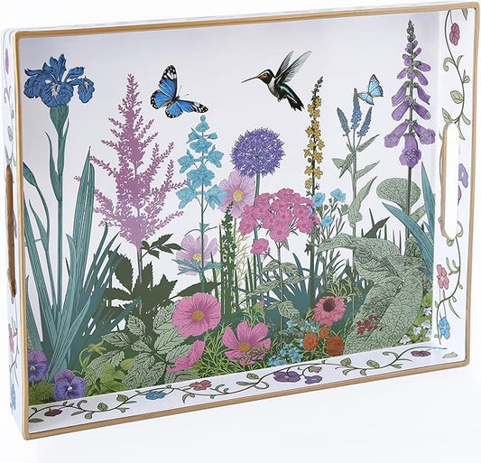 Serving Tray with Handles, Rectangular Plastic Tray 15.75x11.81 Inch, Wildflower, Butterflies & Hummingbirds Style Decorative Tray for Kitchen, Dining Table, Vanity, Office & Home