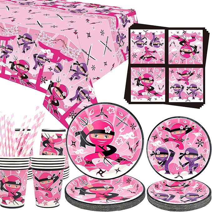 Ninja Girl Party Supplies - Party Tableware - Dinner Plates Dessert Plates Cups Napkins Tablecover Straws for Ninja Master Girls Princess Baby Shower, Serves 20 (20)