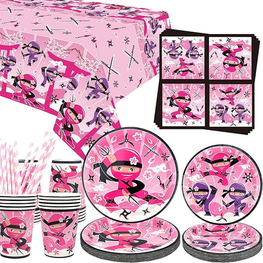 Ninja Girl Party Supplies - Party Tableware - Dinner Plates Dessert Plates Cups Napkins Tablecover Straws for Ninja Master Girls Princess Baby Shower, Serves 20 (20)