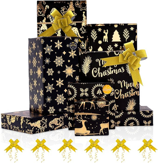 Larcenciel Metallic Christmas Wrapping Paper Set, Black and Gold Holiday Gift Wrapping Paper w/Gift Bow Sticker, Gnome Snowflake Deer Glitter Foil Xmas Gift Wrap for Winter Nightmare, 6 Sheets 28x20in