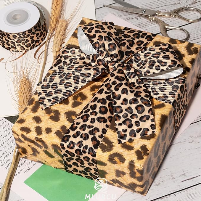 Cheetah Print Ribbon Set 3 Rolls Animal Print Grosgrain Ribbons 5/8", 7/8", 1.5", Jungle Safari Printed Ribbon for Crafts, Gift Wrapping, Flower Bouquet, Wreath & Bows Making, Gift Bags Decor