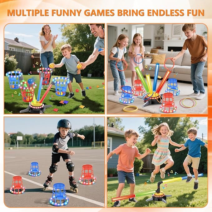 TERRAMUS 3 in 1 Bean Bag Ring Toss Game for Kids, Rechargeable Musical Jumping Games w/LED Light & Remote, Electric Spinning Base, Sandbags, Rings, Carnival Indoor Outdoor Sport Toy for 3+ Boys Girls