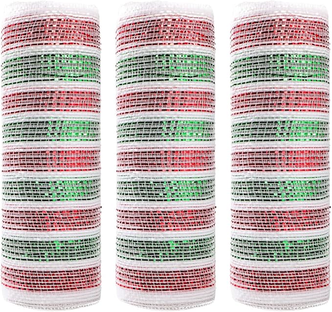 3 Rolls Red Green Stripe Deco Mesh Ribbon for Christmas Wreath Making Supplies, 10 Inch x 30FT Metallic Foil Deco Mesh Fabric for Christmas Tree New Year Winter Door Wreath Swags Decor