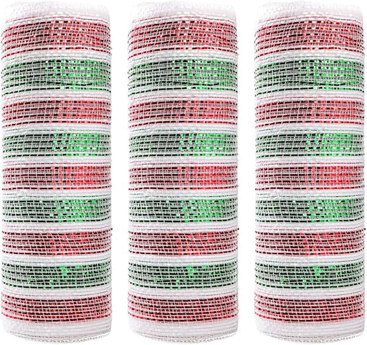 3 Rolls Red Green Stripe Deco Mesh Ribbon for Christmas Wreath Making Supplies, 10 Inch x 30FT Metallic Foil Deco Mesh Fabric for Christmas Tree New Year Winter Door Wreath Swags Decor