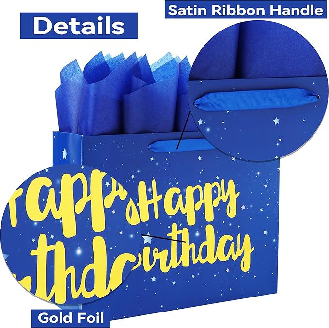 Qirrmiy 13" Large Blue Gift Bag Set with Greeting Card and Tissue Papers (Stars and Gold Foil‘Happy Birthday’) for Men's or Boys, Girls or Kids, Baby, Husband, Father