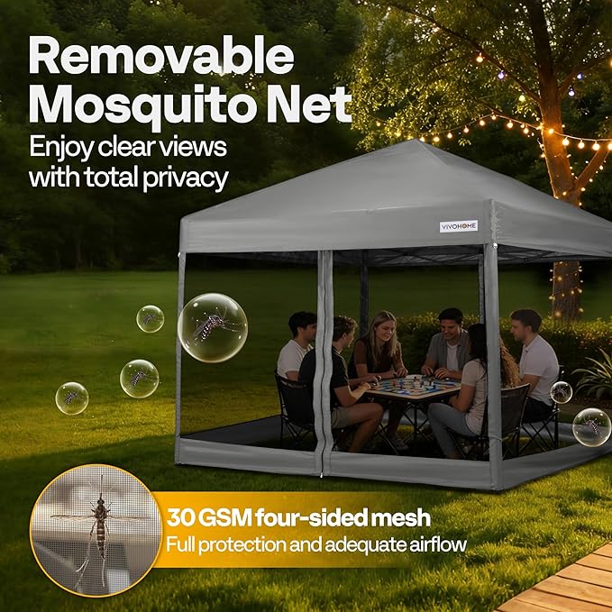 VIVOHOME 10x10ft Easy Pop-Up Canopy, Outdoor Screen Tent with Mosquito Netting, 2 Zipper Doors, and Roller Bag for Yard Camping Picnic Party Events, Grey