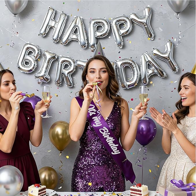 It's My Birthday Sash Purple with Glitter Silver Letters Happy Birthday Sash for Women Girl Bday Gift Ideas Party Favors