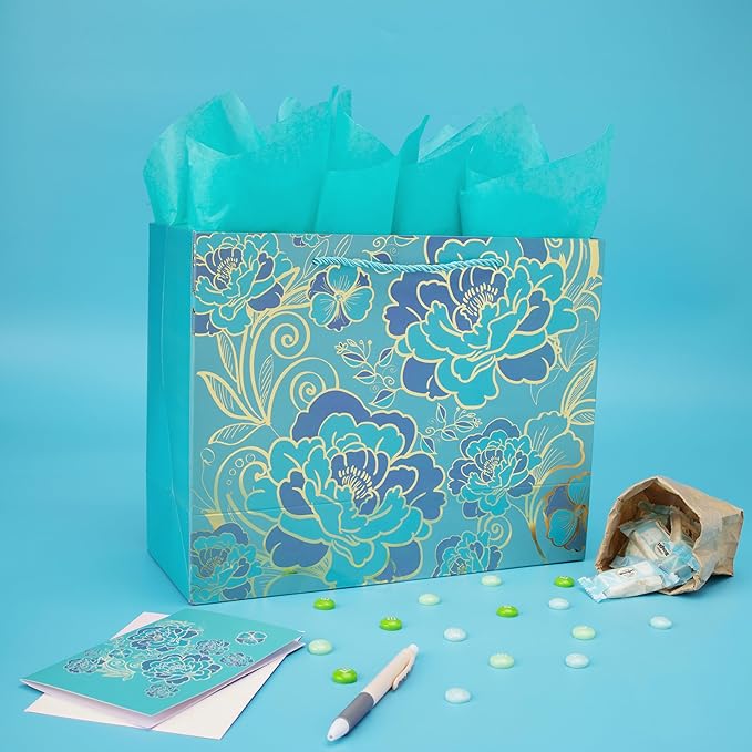 13" Large Rose Green Gift Bag Set with Greeting Card and Tissue Paper(Foil Traced Flowers) for Celebrating Birthdays, Mother's Day, Valentine's Day, Weddings, Anniversaries- 13”x5.2”x10.2”,1 Pcs.
