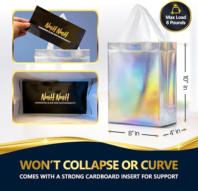 Nush Nush Holographic Bulk Gift Bags Medium Size - Set of 30 Reusable Iridescent Gift Bags with Handles - Goodie Bag for Birthdays, Weddings, Holidays, Valentines, Events - 8W x 4D x 10H