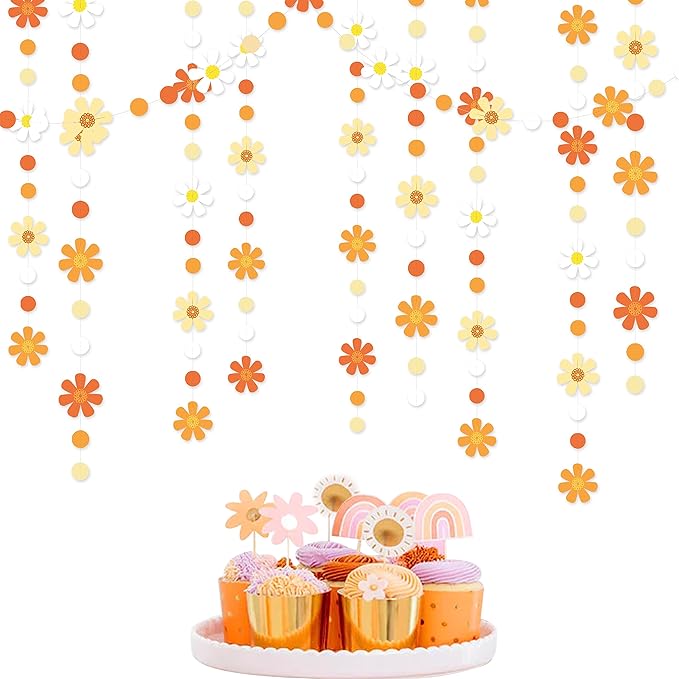 47.2 Ft Groovy Party Decorations Boho Daisy Polka Dot Garland Streamer Ombre Orange Daisy Banner Cutouts for Birthday Baby Shower Wedding Bridal Shower Spring Summer Fall Retro Hippie Decor Supplies