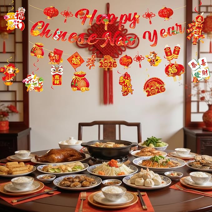 81 Pcs Chinese New Year Red Envelopes Set, Horse-Year Hong Bao Red Packets Party Banners Swirls Selfie Photo Booth Props for Festival Gifts, Chinese Decors Party Favors for Bithday Home Office