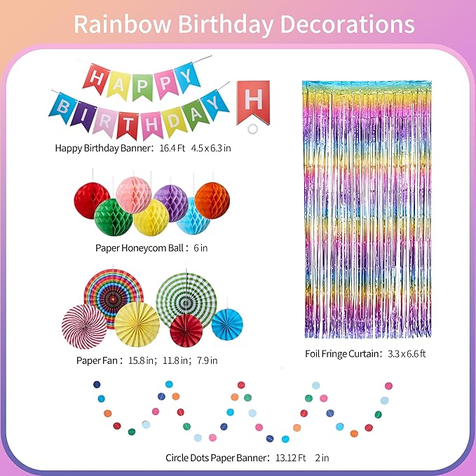 Rainbow Birthday Party Decorations Kit, 16 PCS Colorful Happy Birthday Banner with Foil Fringe Curtain, Paper Fans, Honeycomb Balls and Circle Dots Garland, Photo Backdrop Birthday Party Decor Baby Shower for Girls Boys Women