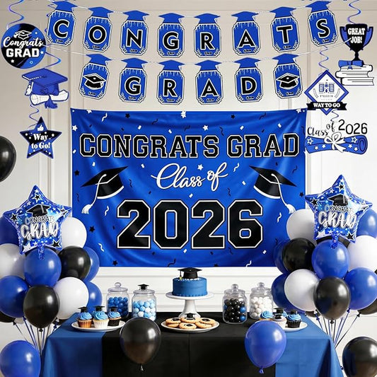 Blue Black Graduation Decorations 2026, Graduation Party Decorations Set with Class of 2026 Backdrop Congrats Grad Banner Foil Star Balloon Grad Balloon Hanging Streamers Kit for High School College