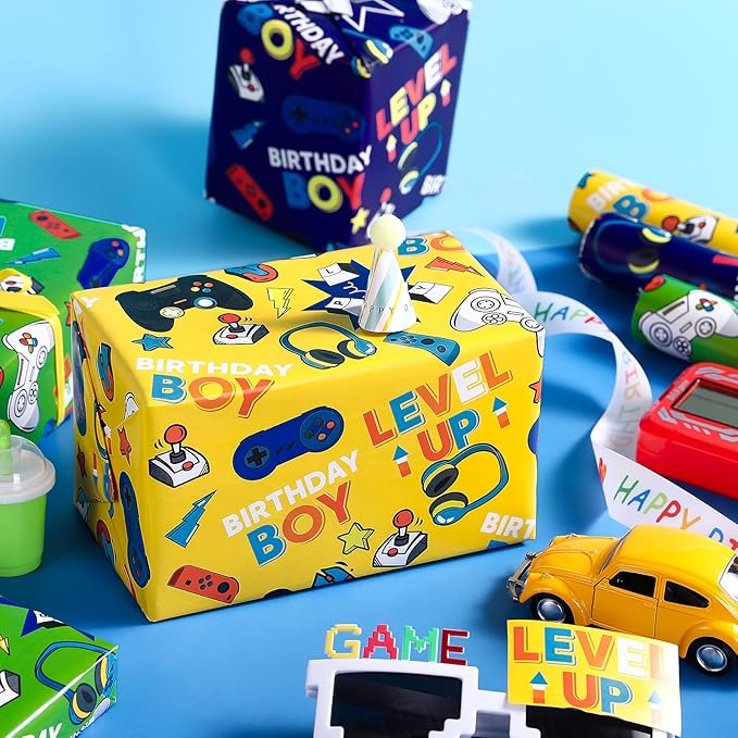 WRAPAHOLIC Gaming Wrapping Paper - 3 Short Roll - Video Game Birthday Wrapping Paper for Kids Boys Birthday, Game Lover - 17 Inch x 120 Inch Per roll