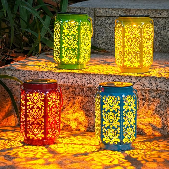 Solar Lanterns Outdoor 4 Pack, Rose Mothers Day Gifts Solar Lanterns IP44 Waterproof Outdoor Lights Garden Decor, 4 Colors LED Hanging Lantern with Handle for Outside Patio Yard Table Fence