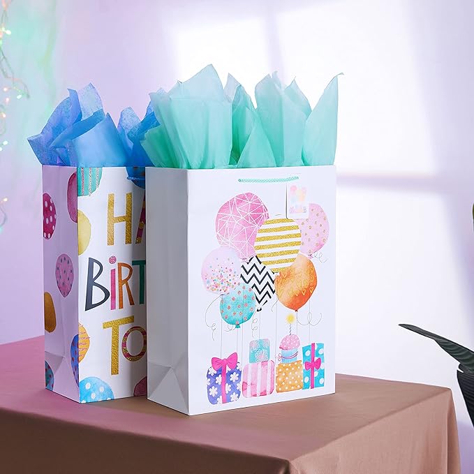 SUNCOLOR 16" Extra Large Gift Bags for Birthday Party with Tissue Paper(2 Pack, Balloon)