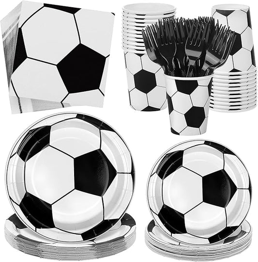 Kochorie 144 Pieces Soccer Party Tableware Sets Including Disposable Plates Napkins Cups Forks Serves 24 for Soccer Games Sports Birthday Party Supplies