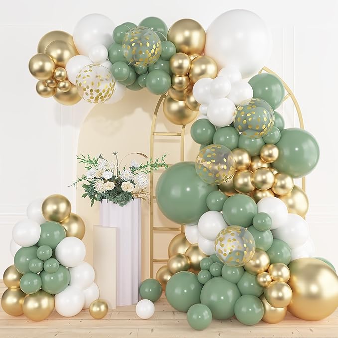 Amandir 153pcs Sage Green Gold Balloon Garland Arch Kit, Different Sizes 18 12 10 5 inch Green White Latex Metallic Confetti Balloons for Birthday Bridal Shower Wedding Bachelorette Decorations