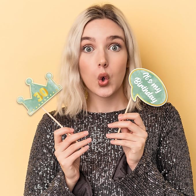 30th Birthday Photo Booth Props Signs,25pcs Sage Green and Gold Birthday Party Selfie Props with Sticks for Her Women,Dirty Thirty,Greenery Happy 30th 30 Birthday Party Decorations Supplies Favors